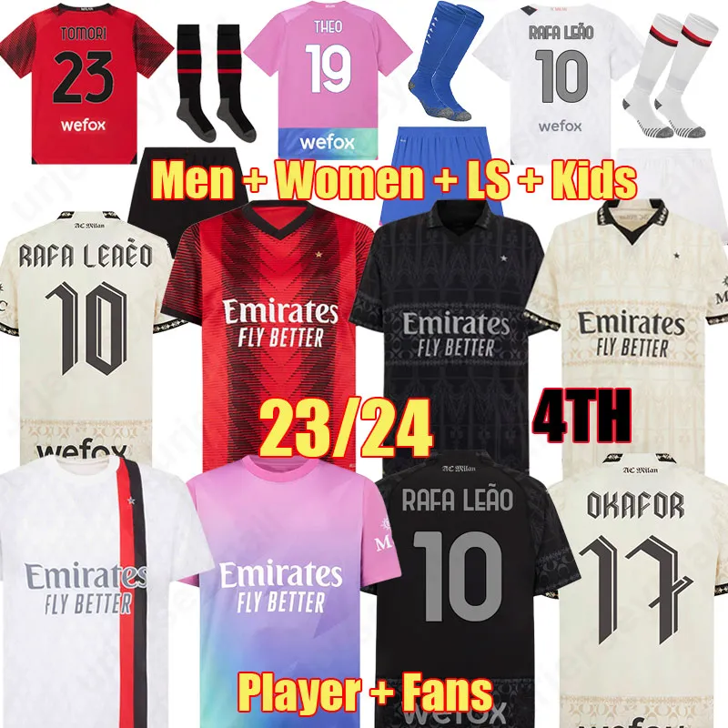 23 24 AC Pulisic Soccer Jerseys Milans 4: e Bennacer Adli Giroud Player Football Shirt Rafa Leao Theo Kalulu Chukwueze Tomori Musah Long Sleeve Men Women Kid Kit