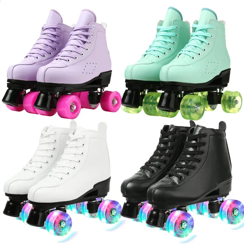 Kvinnor White Pu Leather Roller Skates Skating Shoes Gliding Inline Quad Skates Sneakers Training Europe Size 4 Wheels Flash Wheel 240312