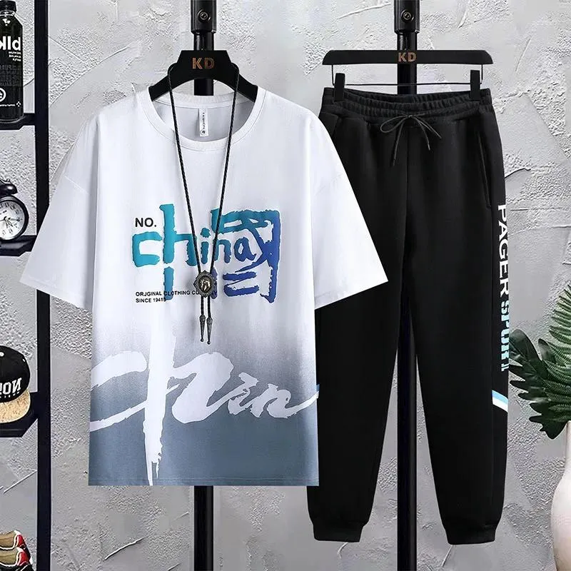 Men's Tracksuits Men Sets Brand Fashion 2024 Print Casual T-shirt Pants Sweatpants Streetwear 2 Piece