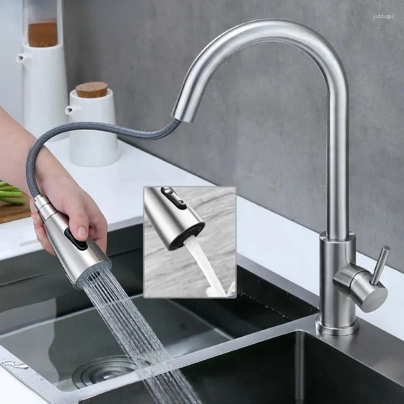 Kitchen Faucets Large Curved Pull And Cold Water Faucet Household Tee 304 Stainless Steel Brushed Sink