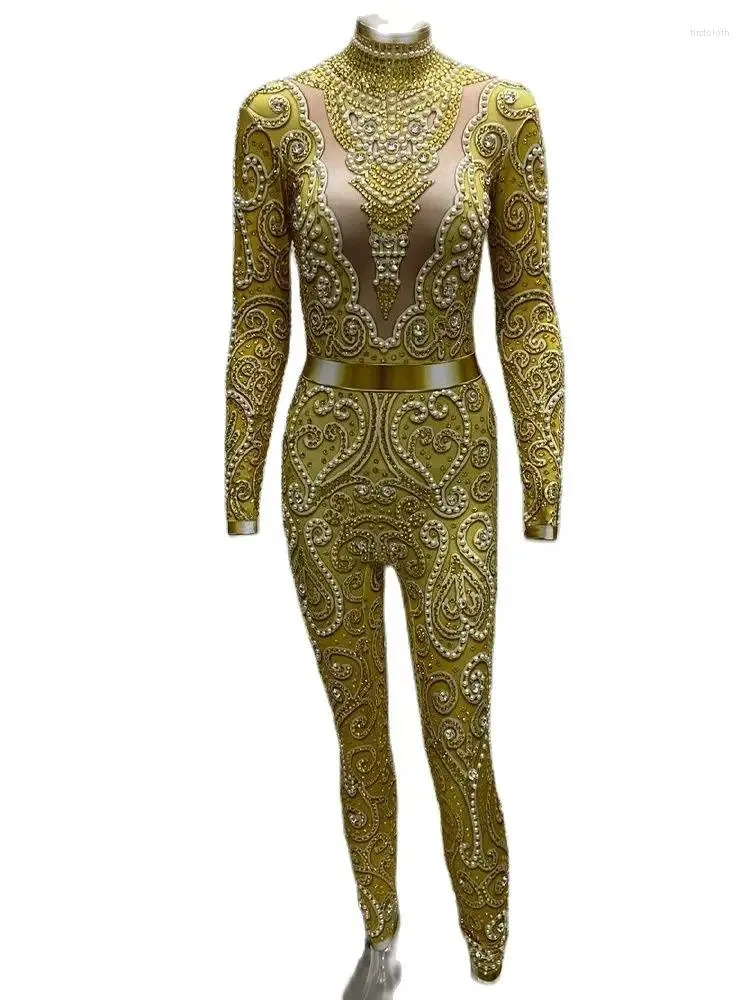 Stage Wear Golden Spandex Combinaison Femme Show Girl Performance Vêtements Mode Discothèque Danseurs Pole Dance Acrobatique