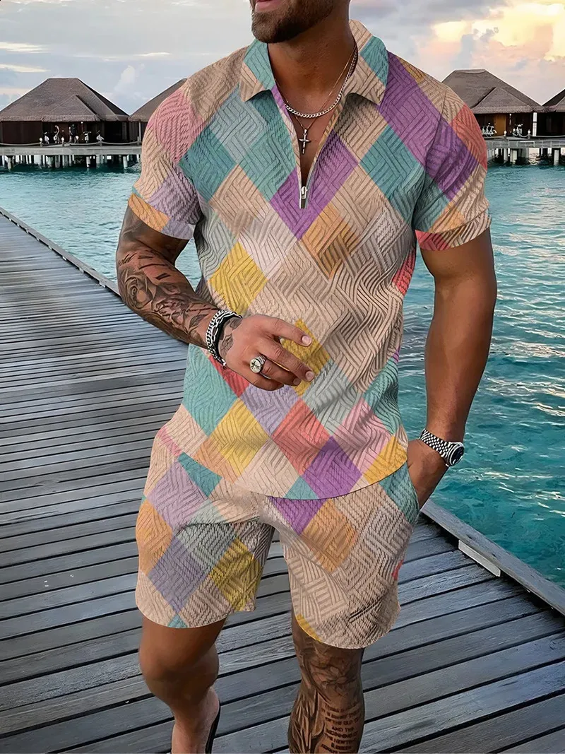 Verão moda masculina sweatsuit conjunto colorido remendos 3d impressão casual zíper camisa polo shorts 2pcs conjuntos de treino de grandes dimensões 240312