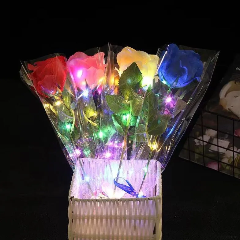 Glowing Artificial Roses Flowers Party Decoration Led Light Up Long Stem Fake Silk Rose for DIY Wedding Bouquet Table Centerpiece Home Atmosphere Props