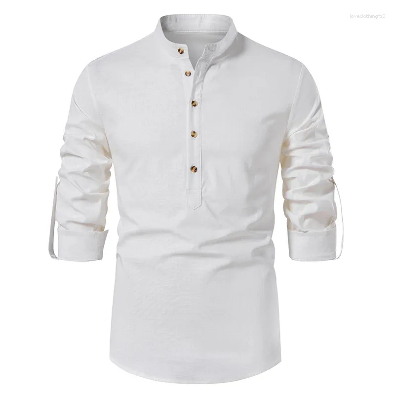 Chemises décontractées pour hommes Blanc Roll Up Col Mandarin Robe Chemise Hommes 2024 Marque Coton Lin Henley Business Mâle Chemise Homme