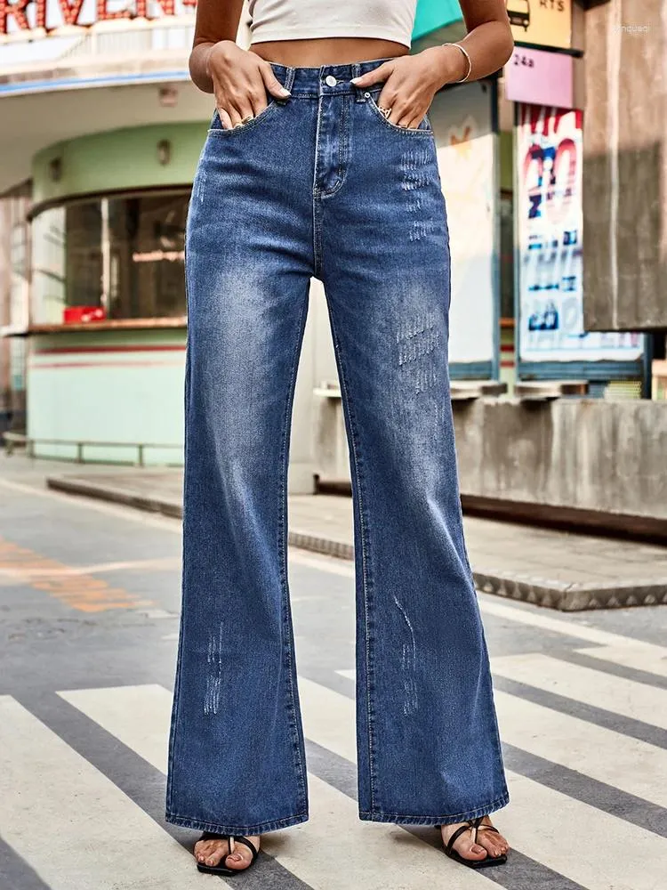 Женские джинсы 2024, универсальные потертые джинсовые брюки со средней талией, повседневные потрепанные брюки на молнии в ретро-дизайне, расклешенная нижняя часть для женской одежды