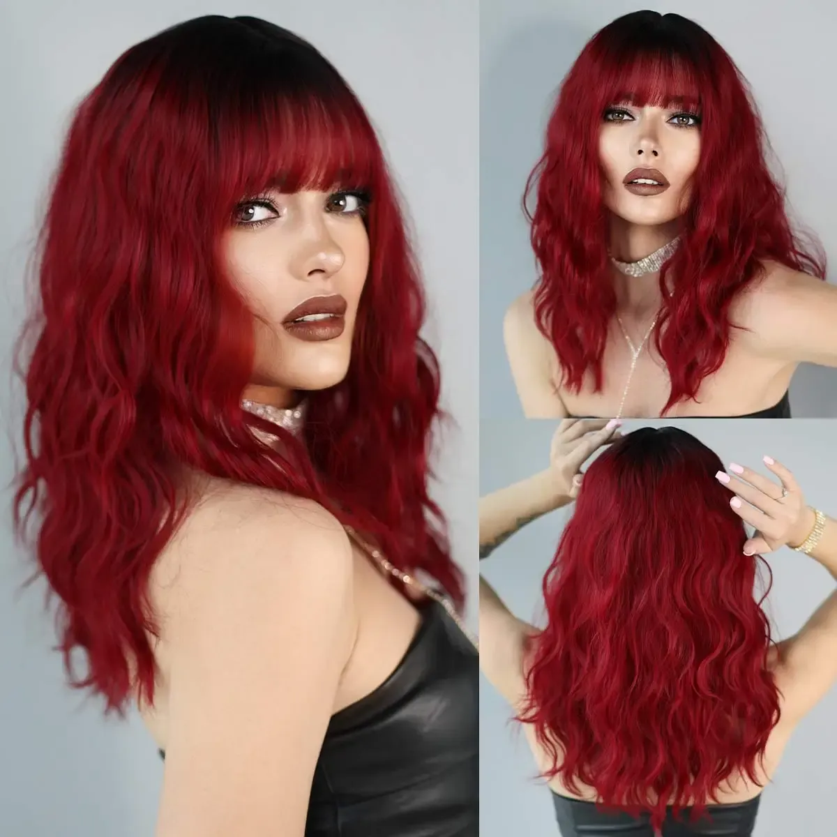 Peruki Namm Syntetyczna peruka dla kobiet z grzywką Halloween cosplay fala wodna Wino Red Hair Naturalne ciepło odporne na włosy peruki
