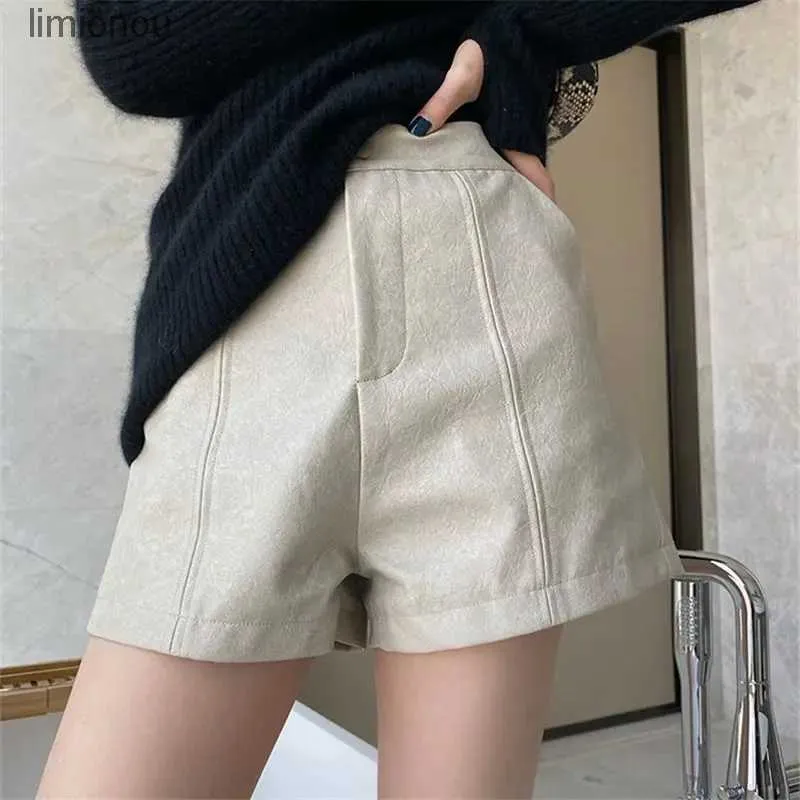 Shorts pour femmes À la mode Texture craquelée PU cuir Shorts femmes automne hiver taille haute pantalon femmes décontracté polyvalent jambe large blanc PantsC243128