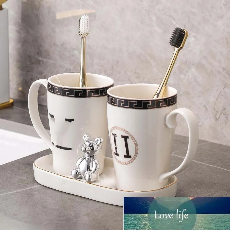 Tasse de brosse à dents en céramique blanche classique, tasses de bain de bouche plaquées or pour Couple, support de rangement, salle de bain, tasse de lavage Simple, couvercle de tasses de brossage