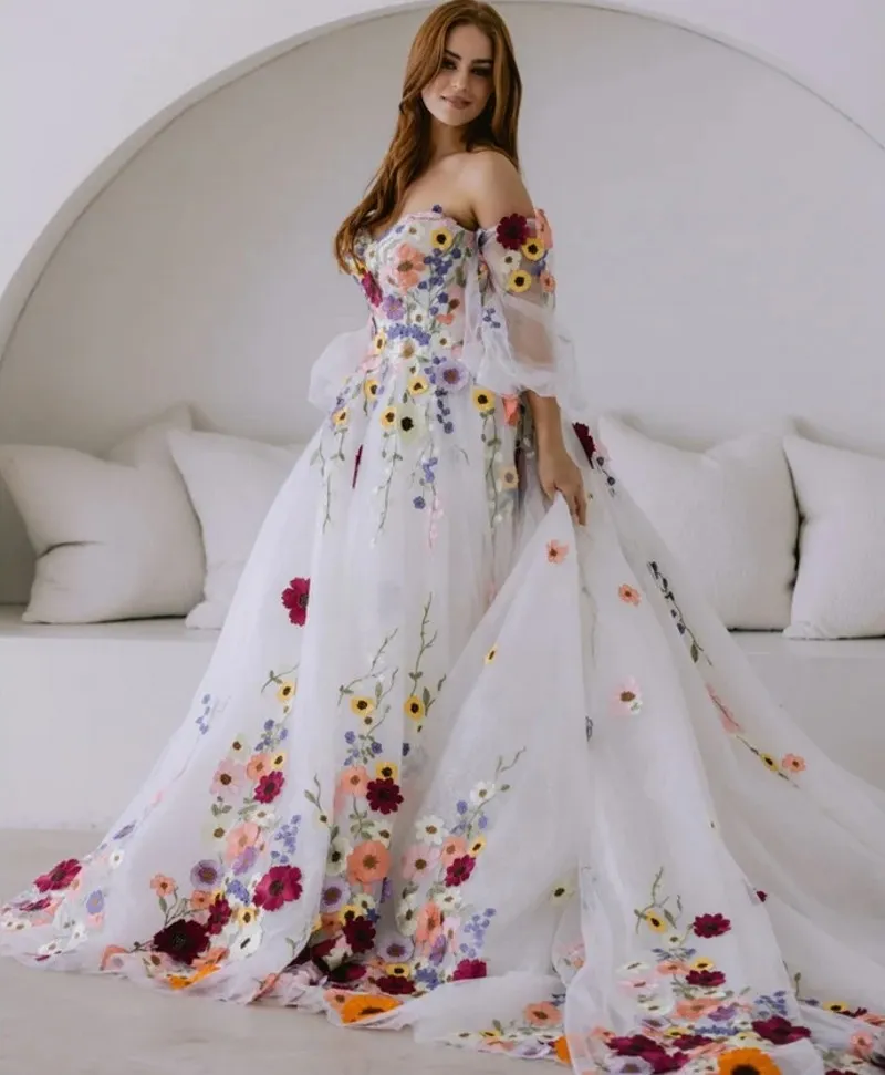 Princess A-line Prom Dress 2024 Long Puffy Sleeves Flowers Lace Embroidery Tulle Women Formal Prom Birthday Gown Robe De Soiree vestidos de fiesta