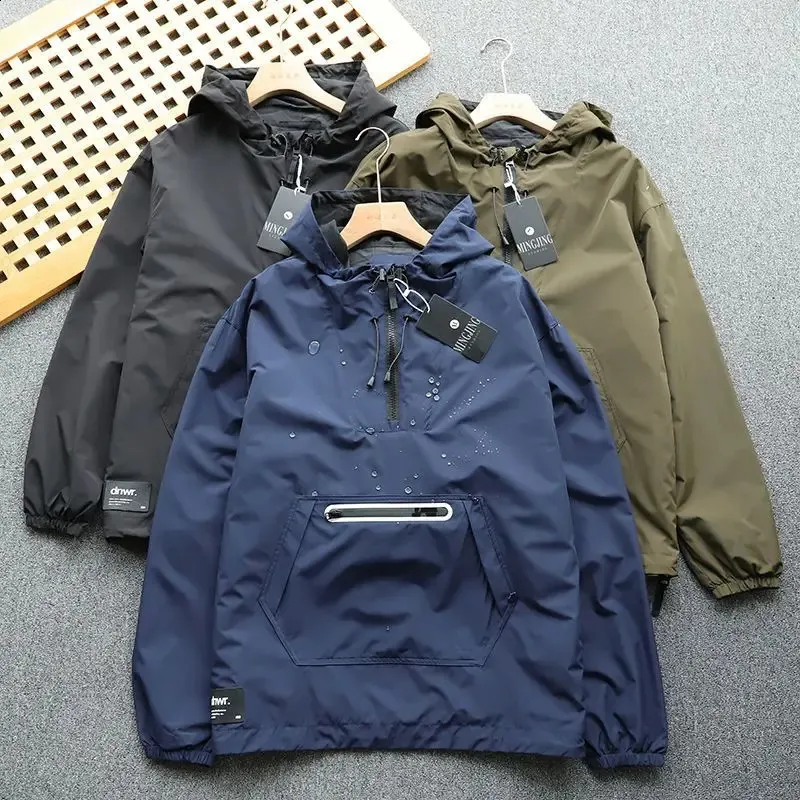 Luxo primavera outono jaqueta masculina moda duplo zip com capuz ao ar livre casaco preto bolso roupas esportivas denim 240311