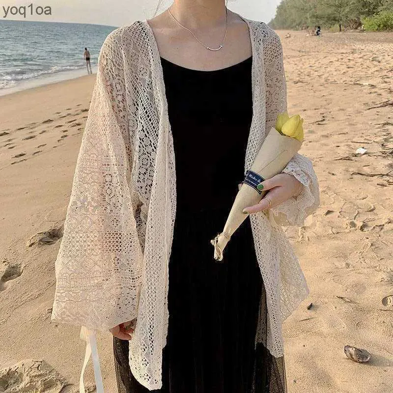 Jaquetas femininas Verão doce fino protetor solar cardigan feminino coreano lace-up openwork blusa feminina férias praia diária blusa de manga longaL2403