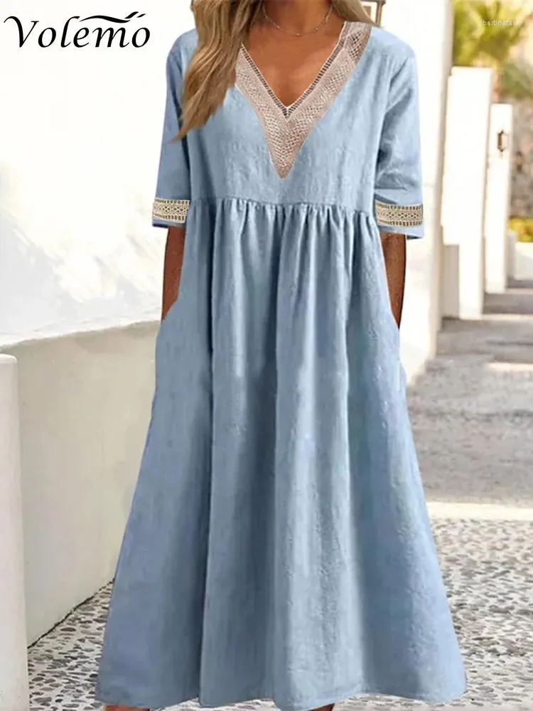 Vestidos de festa elegantes com decote em v manga curta uma linha de algodão azul vestido branco chique mulheres túnicas retrô casual vestidos de verão