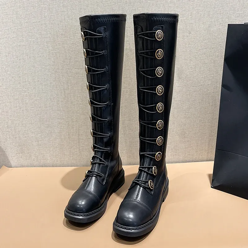 Boots 2022 Winter Stovepipe Long Boots Woman Knee High Motorcycle Shoes Lady Medal Button Stretch Tied Patchwork Leather Botas Chelsea