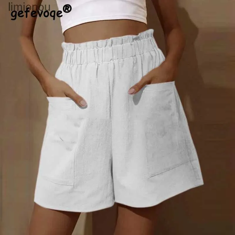 Damen-Shorts, Sommer, solide Taschen, Baumwolle, Leinen, breites Bein, kurze Hosen, weiblich, lässig, locker, Streetwear, hohe Taille, Shorts, Pantalones CortosC243128