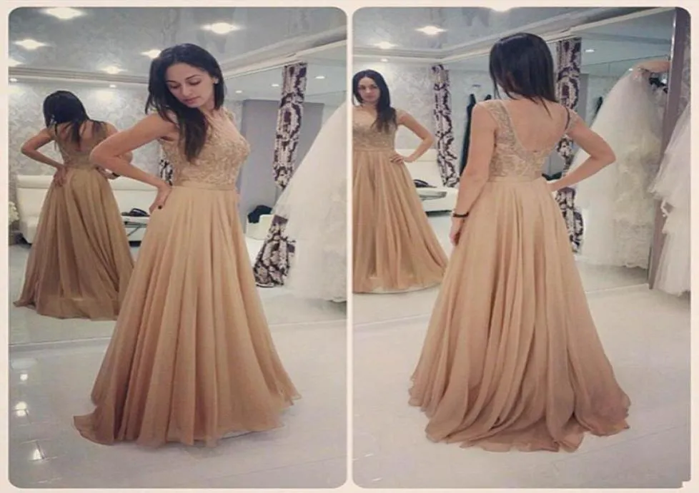 Champagne chiffon aline prom klänningar spetsar topp juvel rygglösa aftonklänningar elegant enkel billig special tillfälle klänning anpassad mad9237959