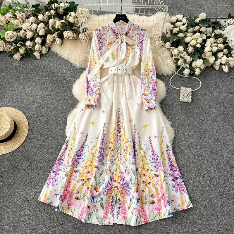Sıradan Elbiseler Yaz Tatil Lavanta Çiçek Elbise Kadın Yay Yakası Uzun Kollu Çiçek Baskı Kemeri Tek Göğüslü Çöp Vestidos 6239