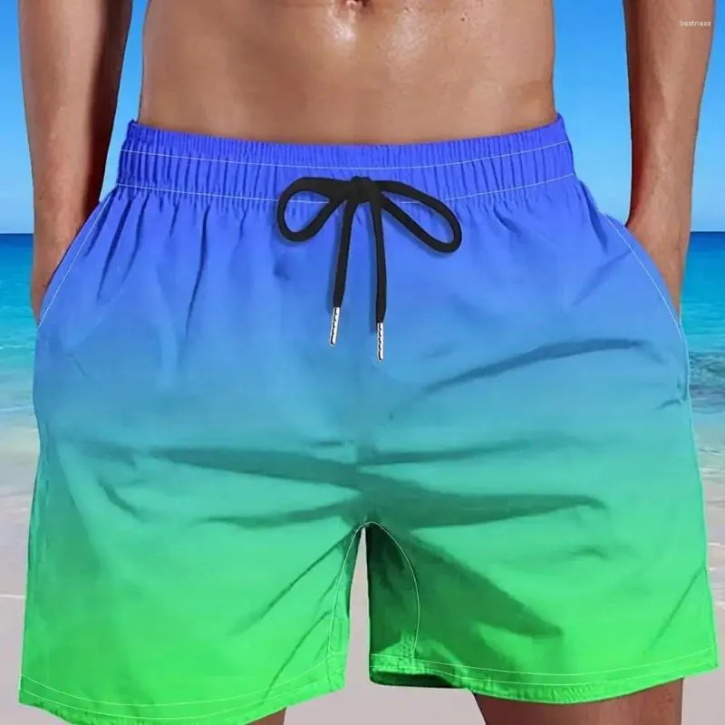 Shorts masculinos praia de secagem rápida com cordão elástico cintura gradiente cor bolsos largos para fitness