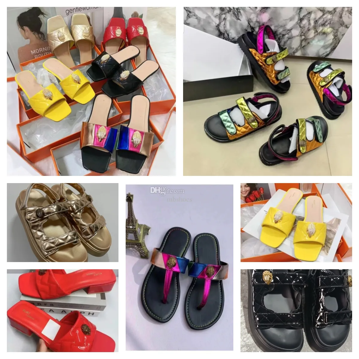 Kurt Geiger Sandales Plateforme Pantoufles Femmes Couture De Luxe Arc-en-ciel Été Plat Plage Sandale Designer Diapositives Chaussures Plates Tête D'aigle Diamant Boucle De Crochet B2M2 #