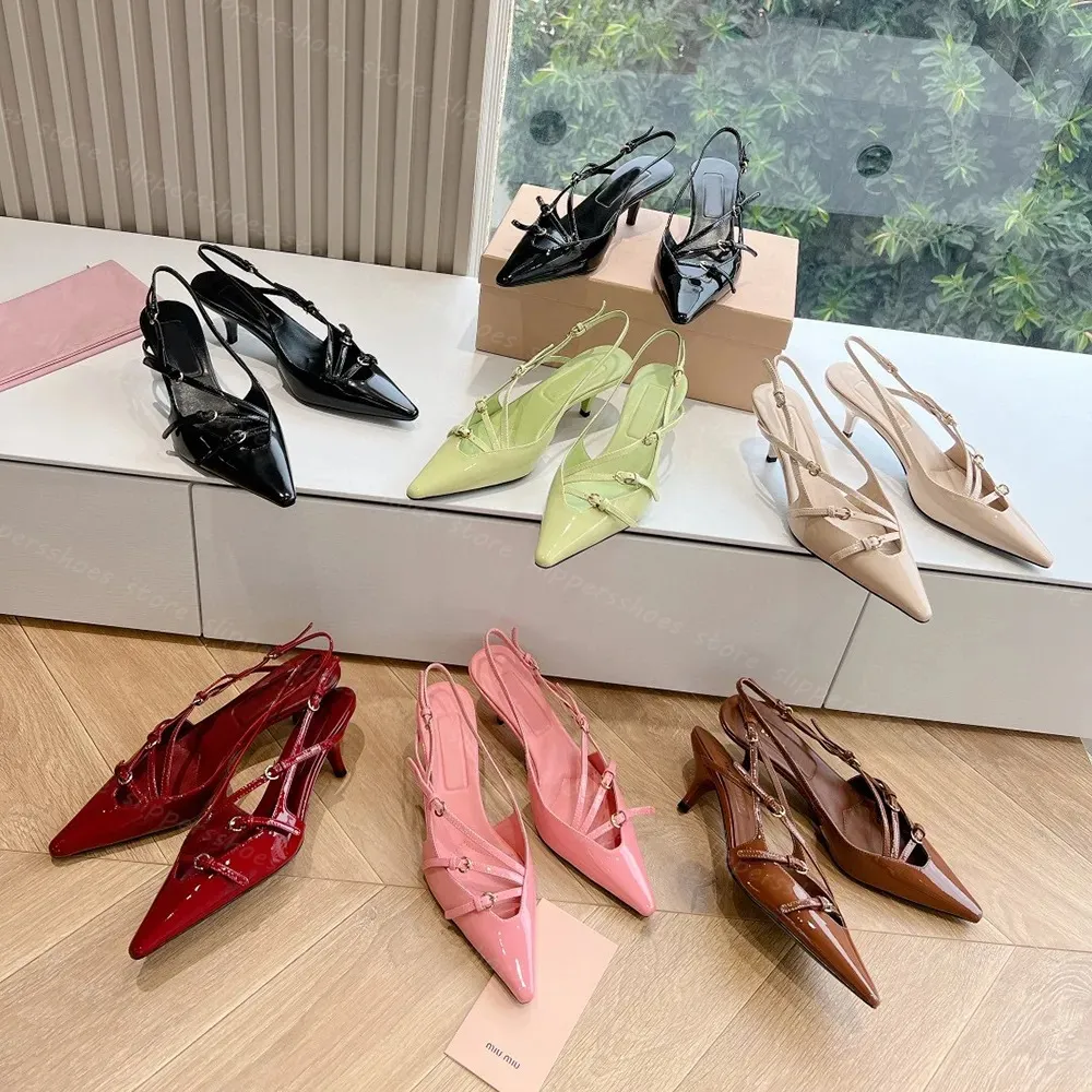 Designerskie damskie patentowe skórzane slingbacki buty sukienki na wysokim obcasie z klamry pompki spiczaste palce u stóp.