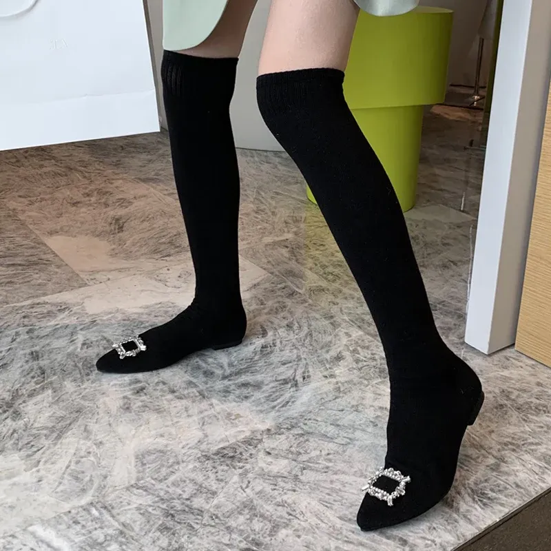 Boots Liyke New Design Crystal Buckle Women Slim Leg Thigh High Sock Boots Casual Flat Heels Black Stretch Fabric Over The Knee Shoes