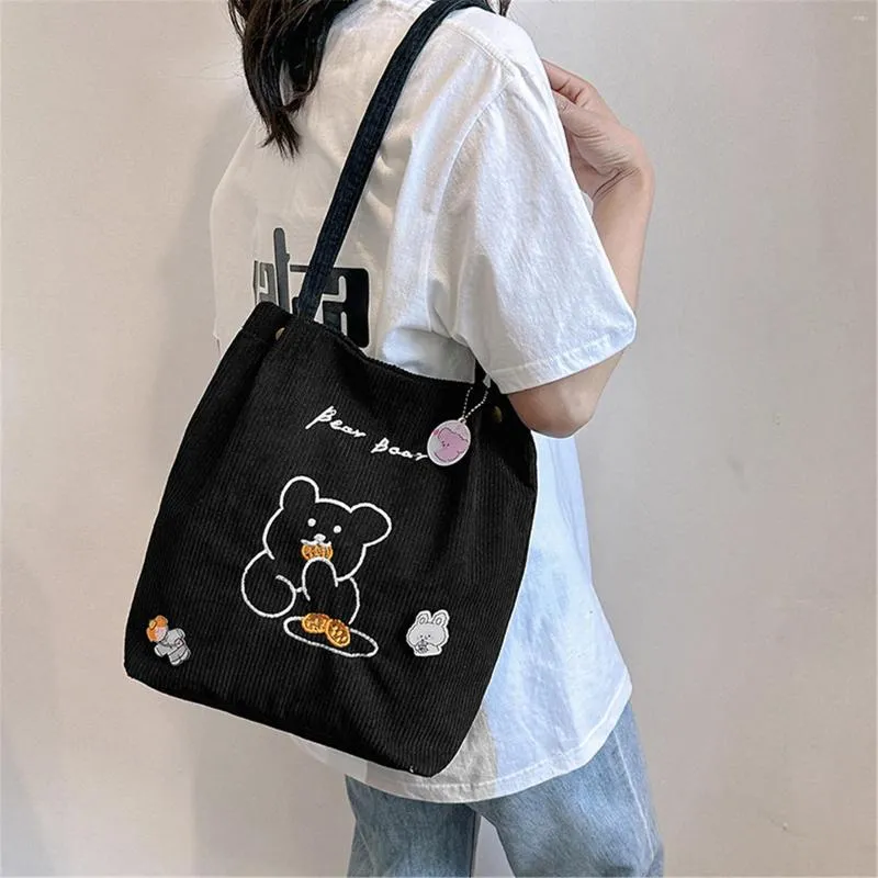 Shoulder Bags Women Corduroy Bear Pattern Ladies Casual Handbag Reusable Large Capacity Tote Female Shopping