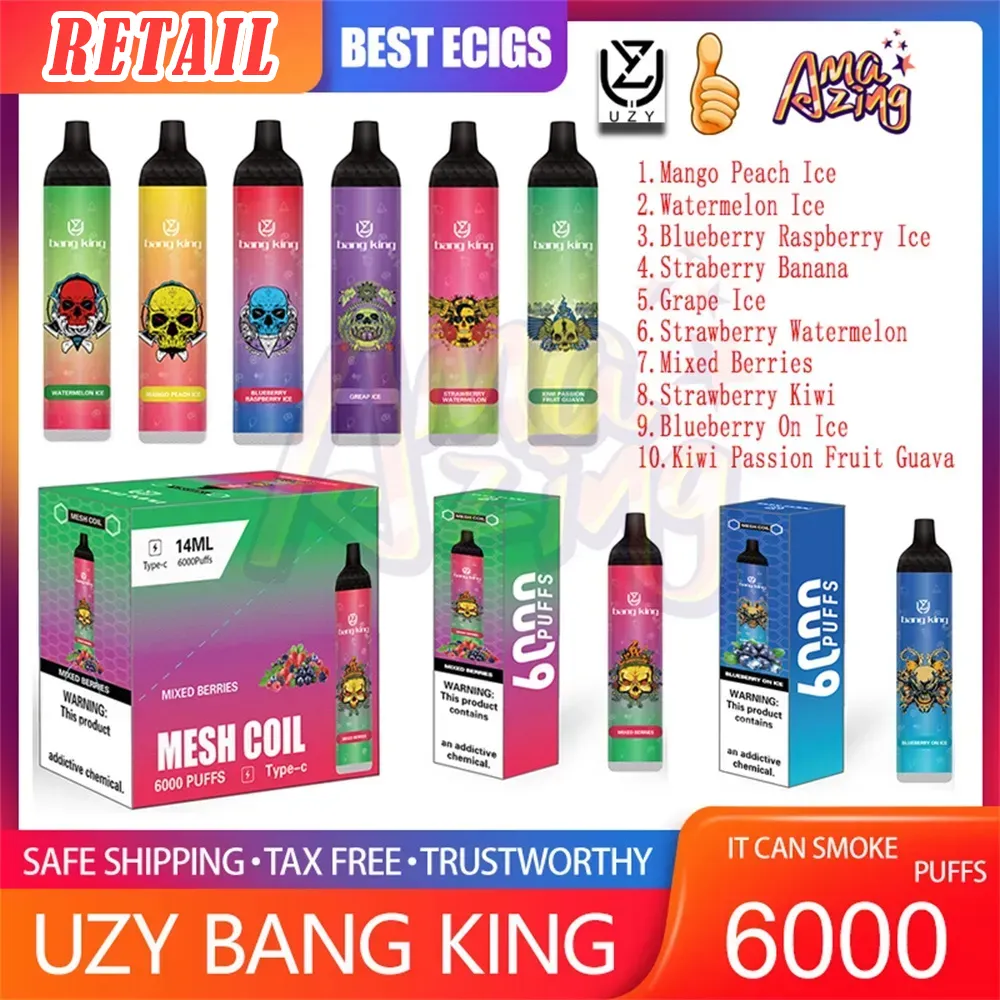 小売オリジナルUzy Bang King 6000 Puff使い捨てeタバコ0.8ohmメッシュコイル14mlポッドバッテリー充電式電子シガーパフ6k 0％2％3％5％Vape Pen Kit