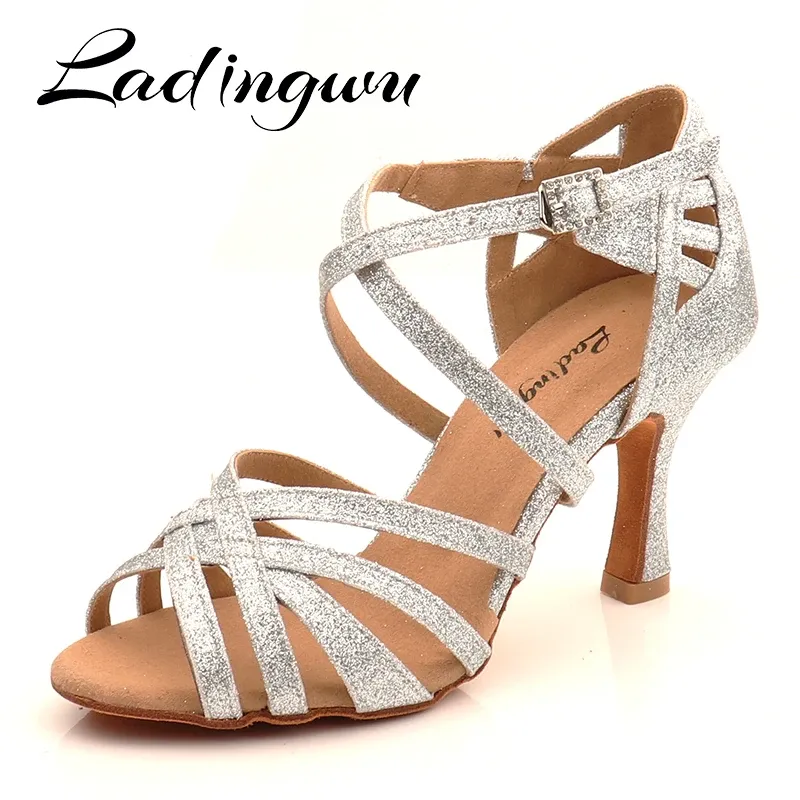 shoes Ladingwu Silver Classic Five Belts Dance Shoes Latin Professional Ballroom Dance Shoes Soft Sole Dance Sandals