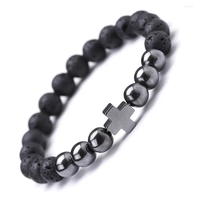 Charm Bracelets 12pcs 8mm Natural Black Lava Stone Beads Hematite Cross Buddha's Head Bracelet For Women Men Jewelry