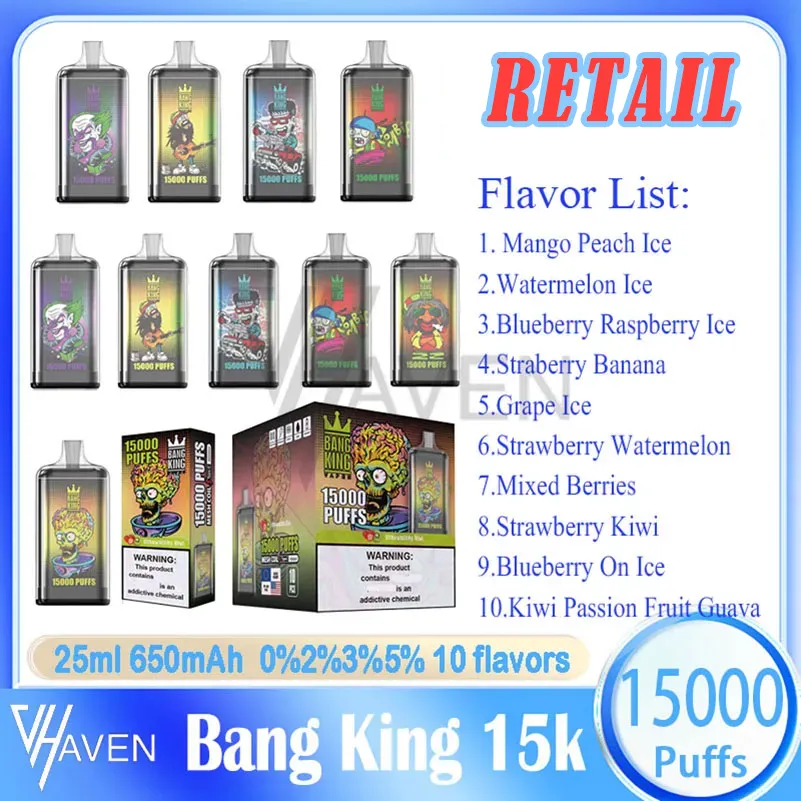 Original Bang King 15000 Puff Vape Pen jetable 25 ml Pod pré-rempli Bobine de maille 650 mAh Batterie rechargeable 0% 2% 3% 5% Niveau Puffs 15k 10 Saveurs