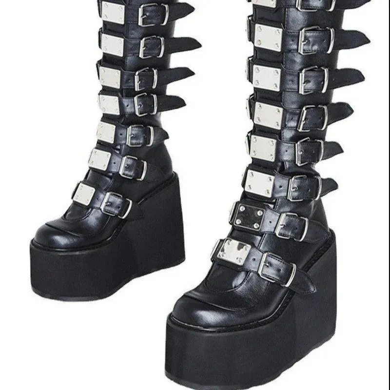 Laarzen damescosplay high laarzen winter lange buis lederen ridder boot punk gothic klassieke zwarte hak schoenen kneehigh