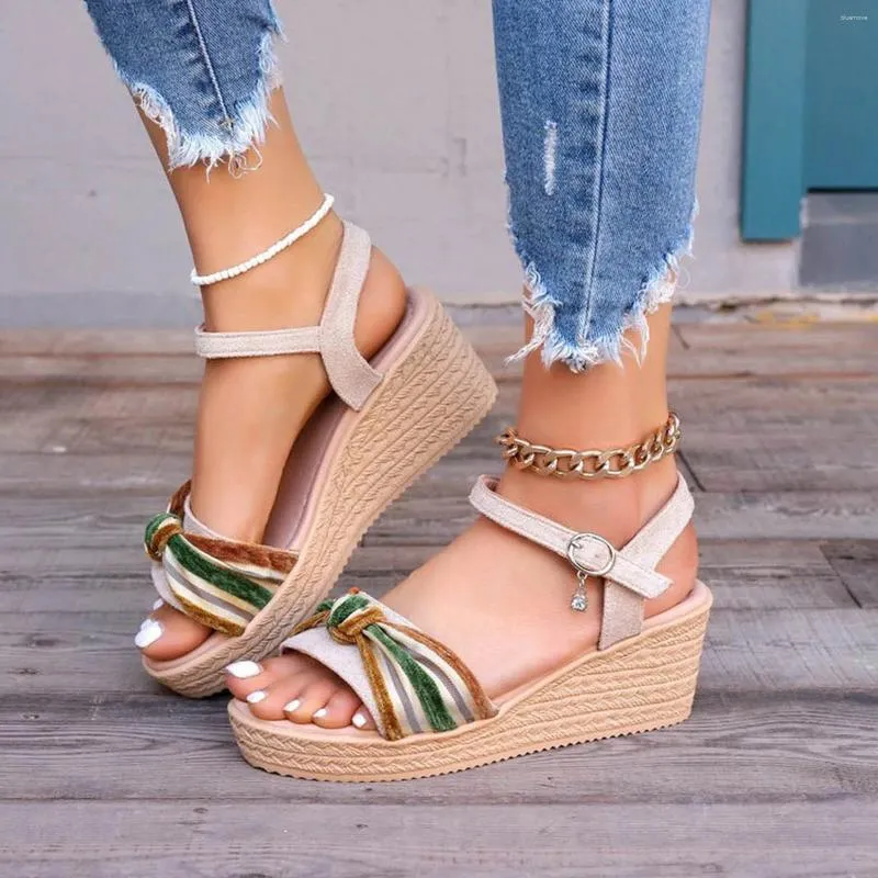 Sandals Leather For Women Arch Support Summer One Line Buckle Wedge Heel Women's Shoes Thick Sole Thong