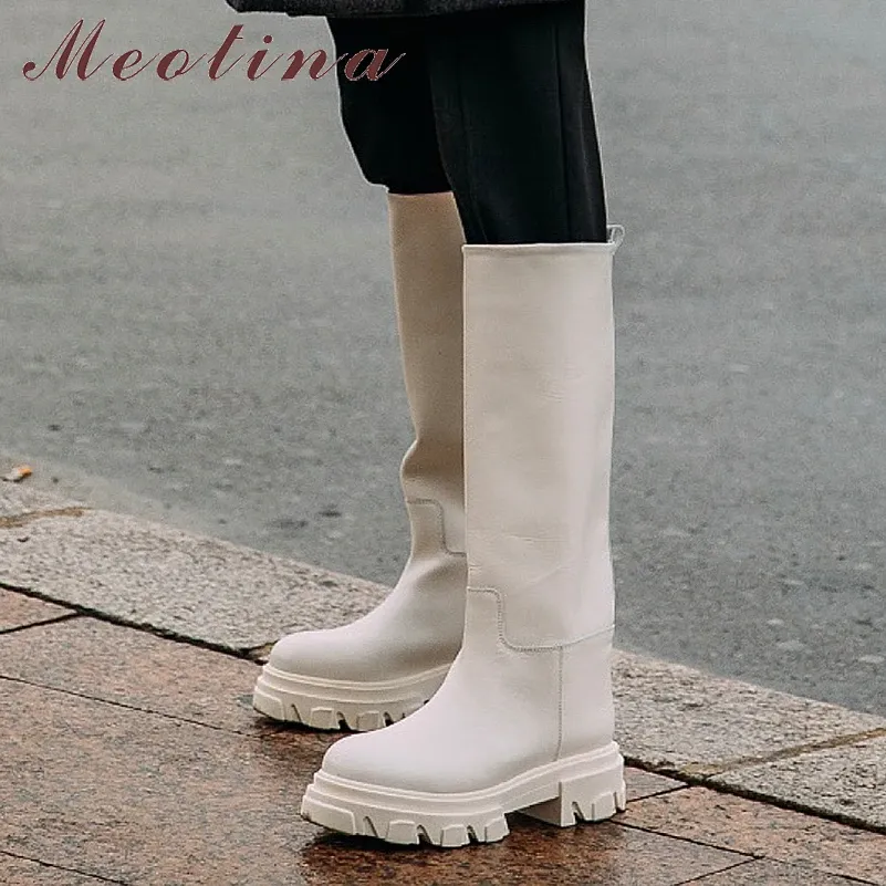 Stivali Meotina Ins stivali in pelle genuina Donne ginocchiere Stivali Piattaforma di design Stivali da equitazione Stivali Stivali Stivali Autunno inverno Autunno bianco