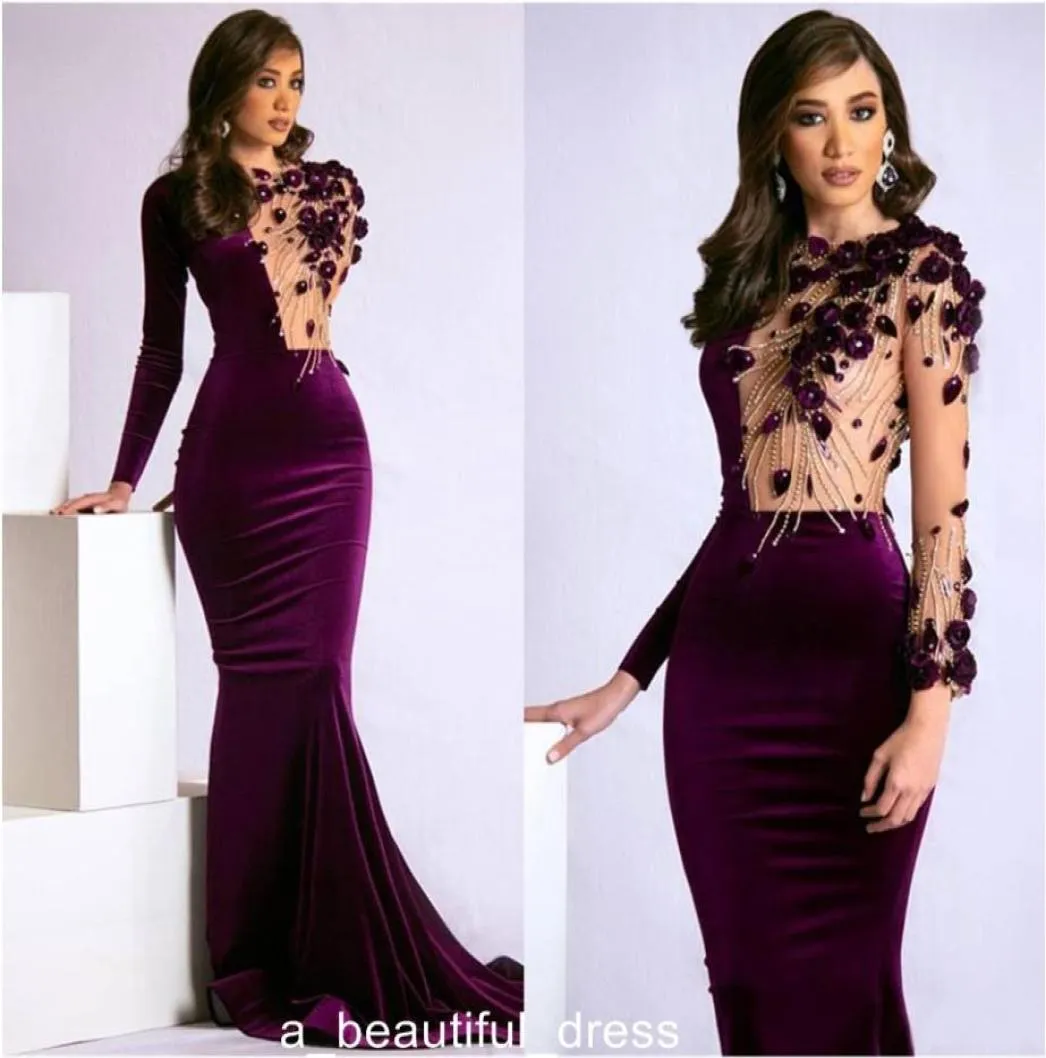 Robes de soirée sirène en velours violet à manches longues sexy voir à travers des perles 3D florales robe de bal d'occasion arabe ED11329566816