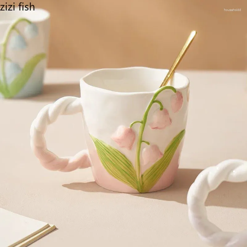 Muggar Creative Relief Lily of the Valley Ceramic Mug High Beauty Latte Coffee Milk Cup Frukost Hushållsvatten TEA CUPS