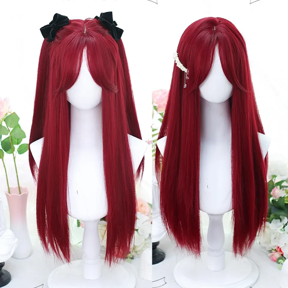 Peruklar hoan sentetik kırmızı uzun düz saç peruk dişi patlama peruk cosplay lolita ısıya dayanıklı peruk