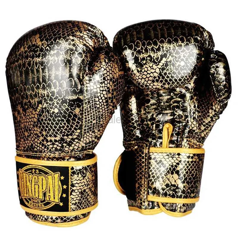 Equipamento de proteção 8/10/12 onças pele de cobra ouro prata luvas de boxe couro para adultos mulheres/homens treinamento muay thai sanda equipamentos mma luvas yq240318