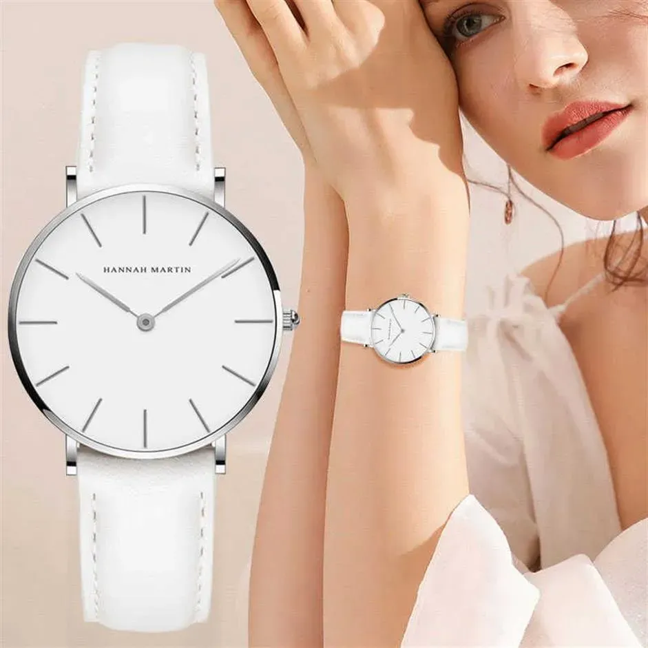 Hannah Martin Casual dameshorloge met leren band Waterdichte dameshorloges Zilver quartz polshorloge Wit Relogio Feminino 210242J