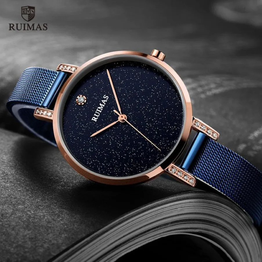 Ruimas Simple Analogue Dress Women's Watches Stainless Steel Mesh Strap Quartz Wrist Watches Lady Watch299R