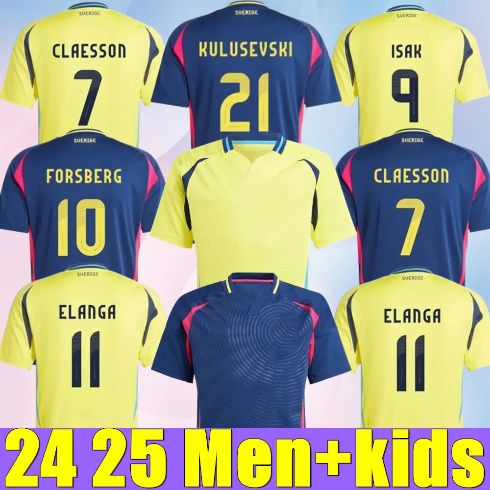 Suède 2024 Euro Cup Soccer Jersey Ibrahimovic 2025 Équipe nationale suédoise 24 25 Kit de kit de football Kit Kit Ret Home Yellow Away Navy Blue Mens Uniforme Larsson