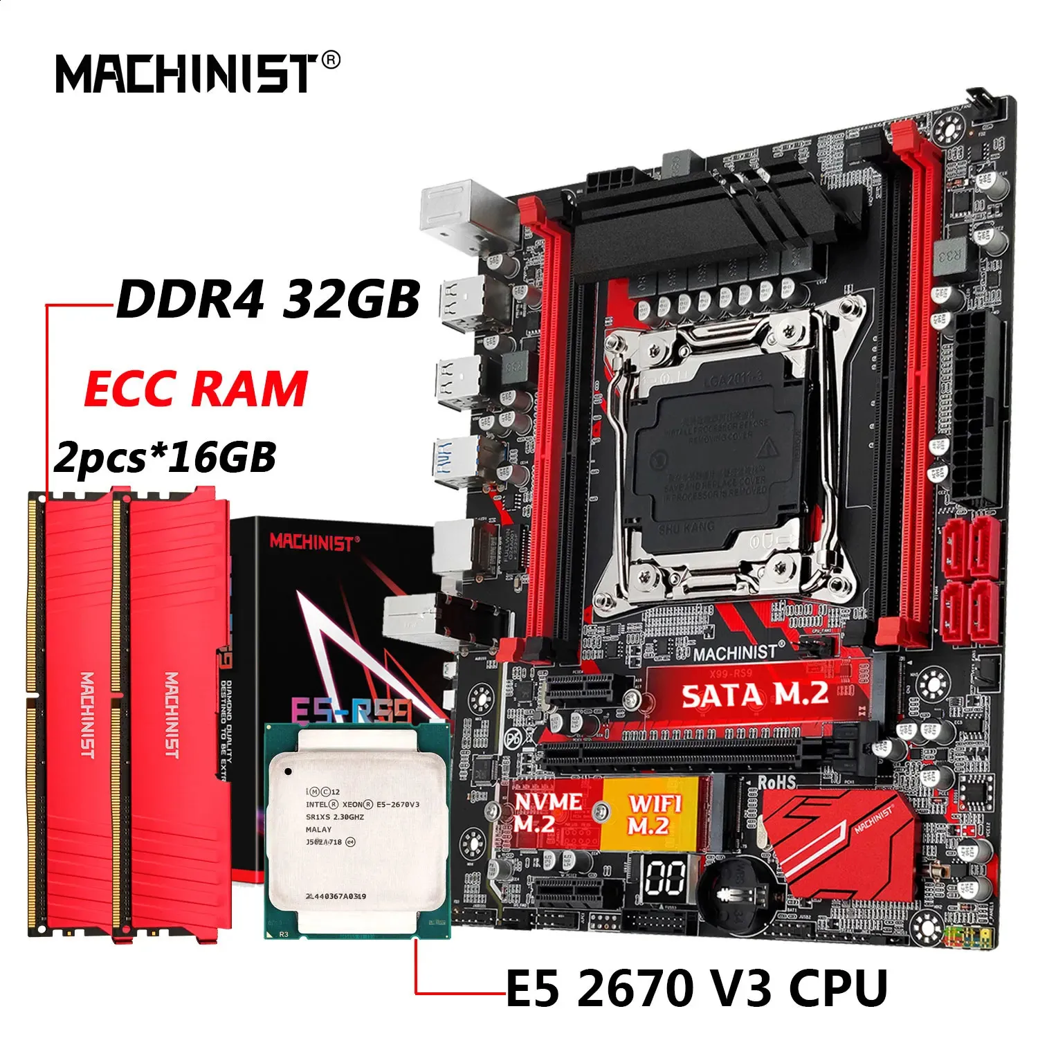 Machinista rs9 x99 placa-mãe combo lga 2011-3 conjunto xeon e5 2670 v3 kit processador cpu ddr4 32gb memória ram nvme m.2 quatro canais 240307