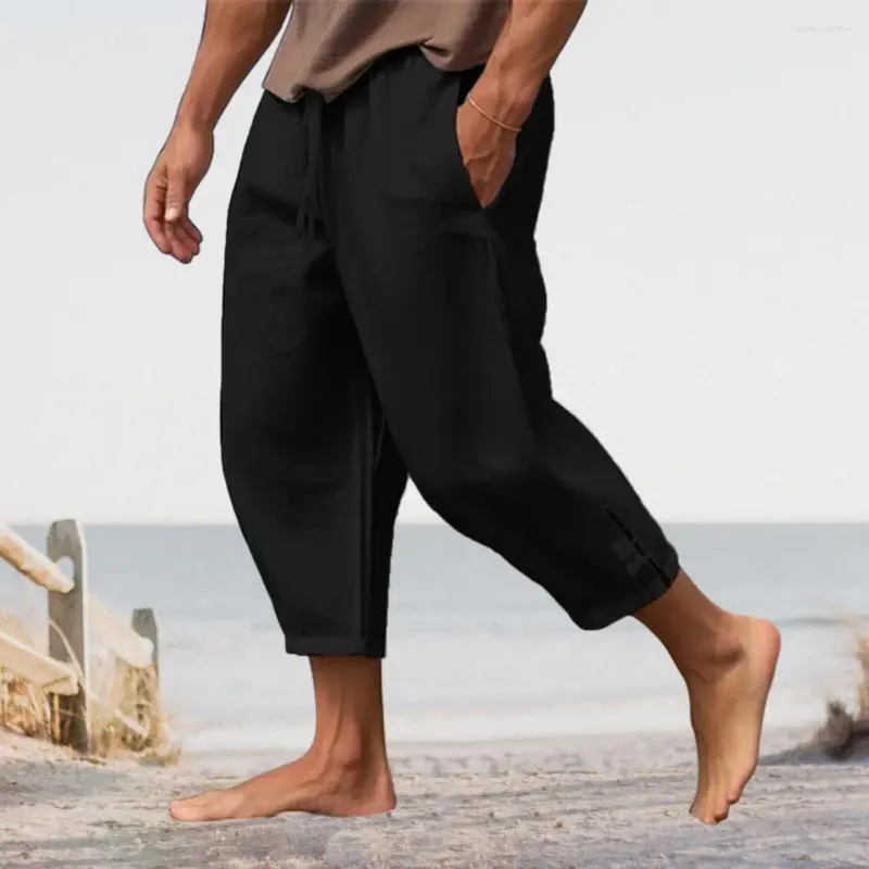 Calças masculinas com cordão de linho cortado com cintura elástica virilha profunda cor sólida calças soltas bolsos
