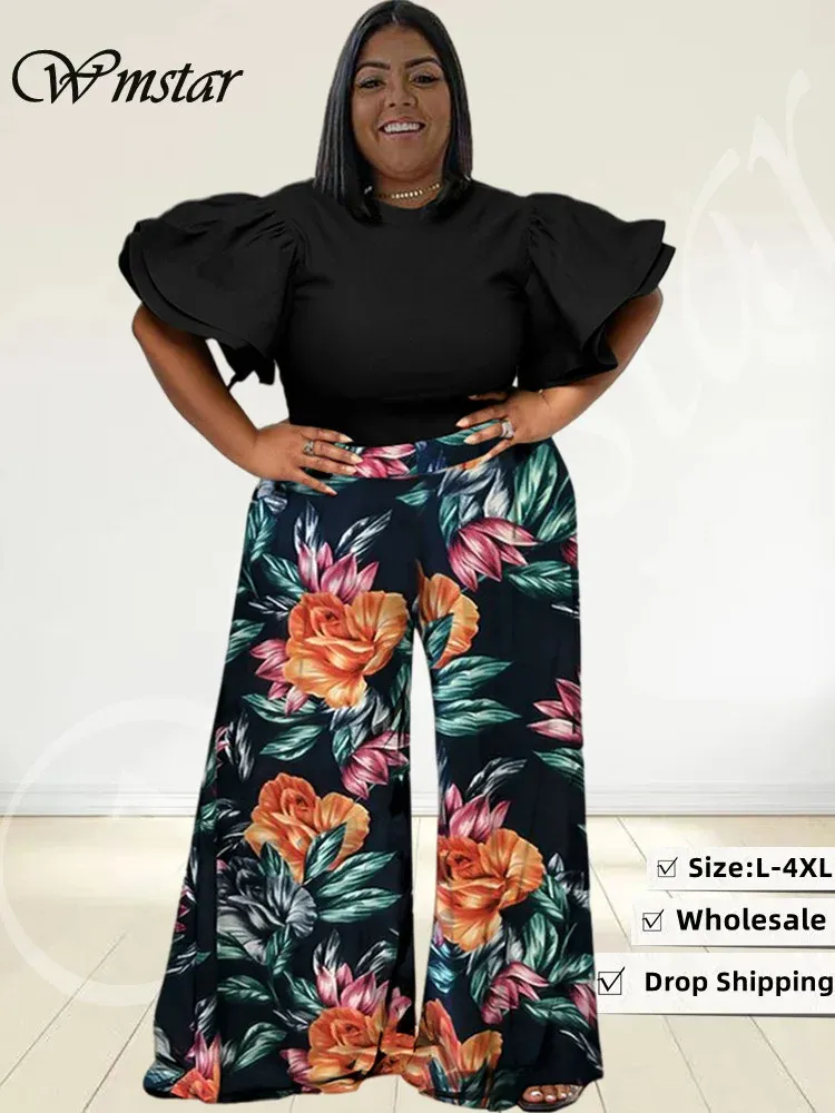 Conjuntos WMStar plus size duas peças conjunto mulheres 2023 camisetas sólidas tops e calças impressas bolsões de gestas largas de moda de pernas largas