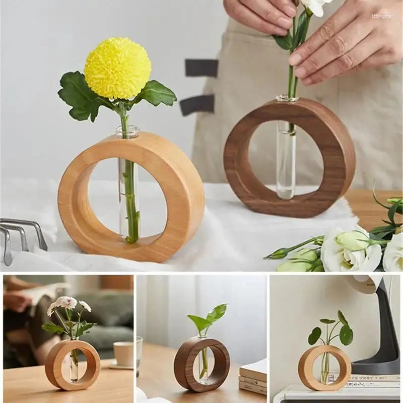 Vasen rustikale Holz Vase Blume Arrangement Ornament Tisch Herzstück mit klaren Glasrohre für Badezimmer Wohnzimmer Ess