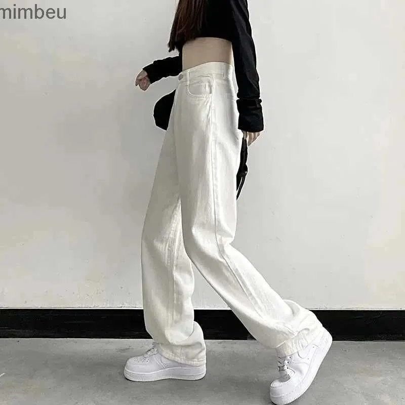 Jeans Femme Vintage femmes taille haute jean mode coréenne ample jambe large pantalon Y2K printemps tout Match solide blanc femme Denim pantalon NewC24318
