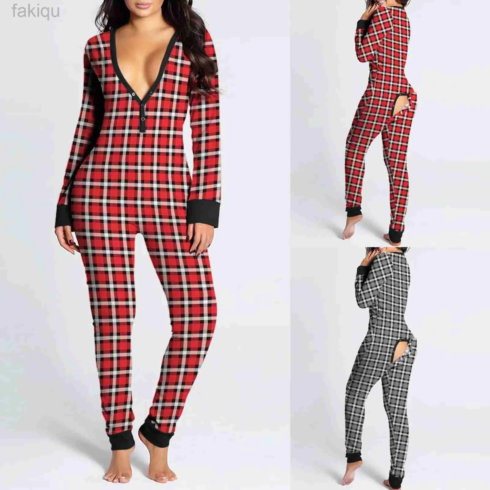 Sexy Pyjama Abdl Onesie Plaid Print Button-down Front Functionele V-hals Knoopsluiting Flap Jumpsuit Combinaison Pyjama Femme Sexy 24318