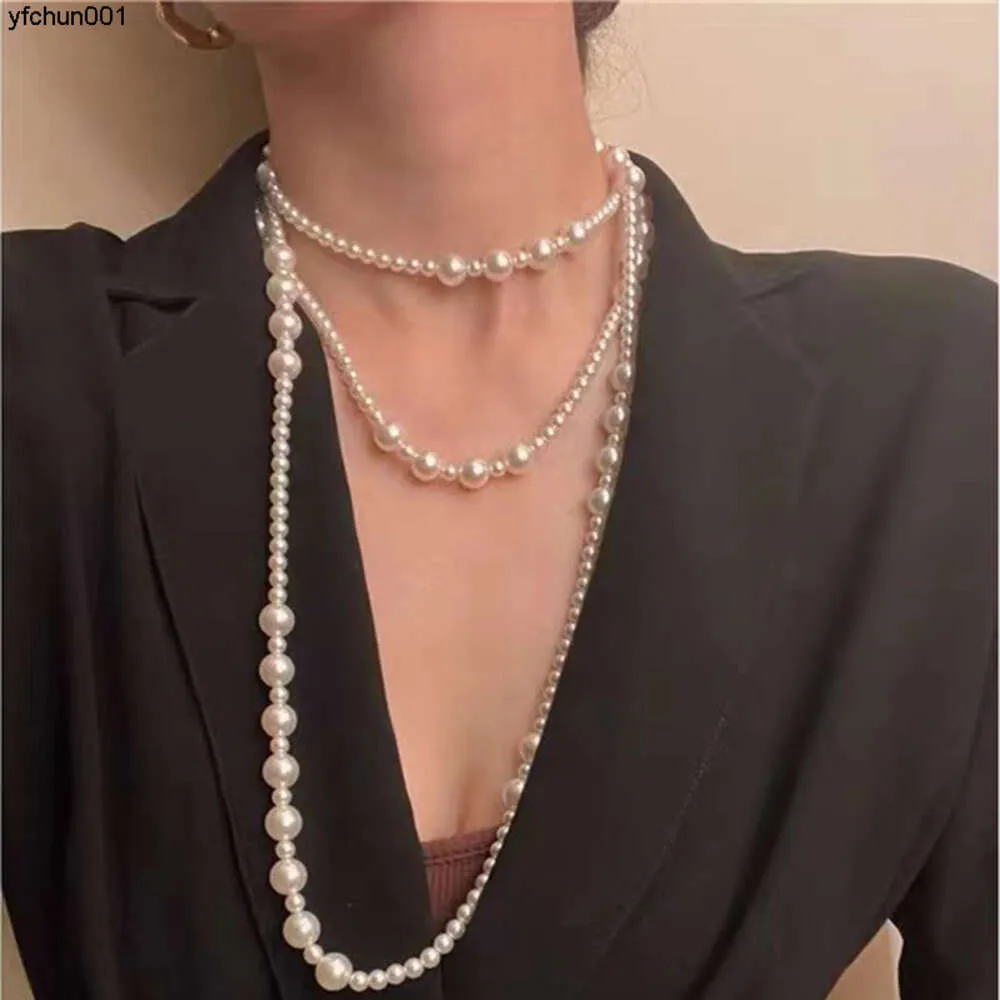 Autumn New Three Layer Pearl Necklace French Elegant Long Dinner Style Sweater Chain Female