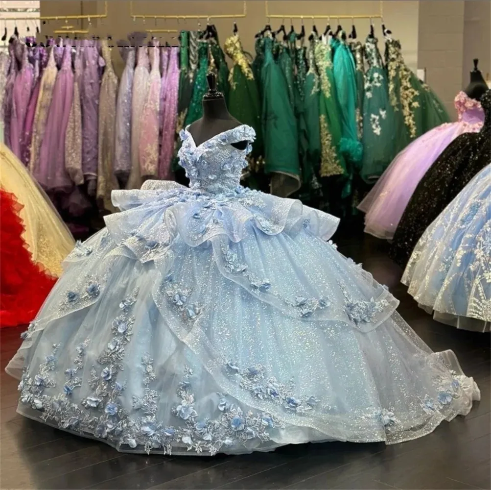 Light Sky Blue Quinceanera Dresses Vestidos de Anos Beads Applique Sweet Year Girl Ball Gown Prom Party Dress