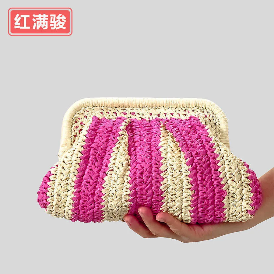 Spring and summer handmade striped contrasting woven handbag with forest style seaside vacation shoulder bag, small and fresh grass woven bag 240318