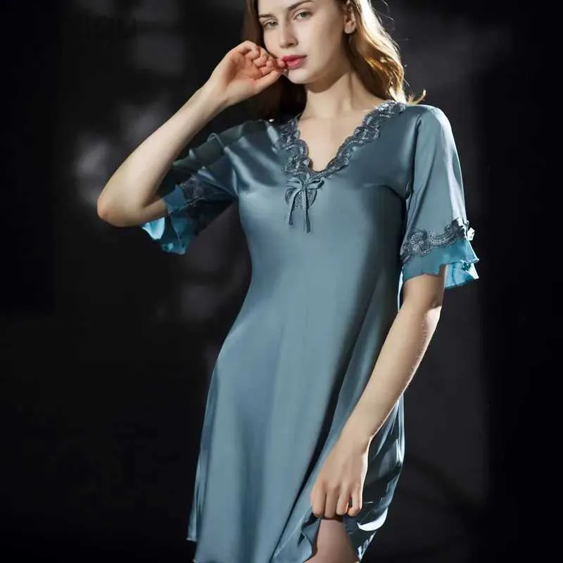 Sexig pyjamas satin nattklänning Summer Women Night Dressilk Satin Sleepwear Pyjamas Sexig Nightwear V Neck Night Dress M-XXL 24318