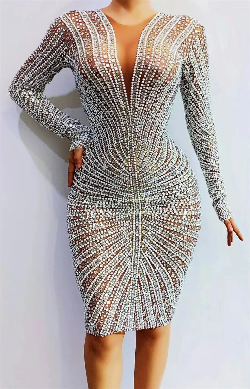 Abbigliamento da palco Abito corto in tessuto elastico con specchio con strass argento scintillante Abito corto da donna Compleanno Festeggia Spettacolo di ballerini Party Th